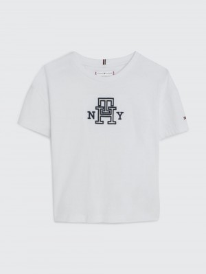 Tommy Hilfiger 3-7 Monogram Satin Applique T-shirt Tjej Vita | 562-HYAULJ