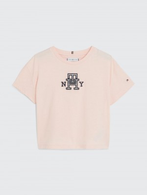 Tommy Hilfiger 3-7 Monogram Satin Applique T-shirt Tjej Rosa | 823-OWENIK