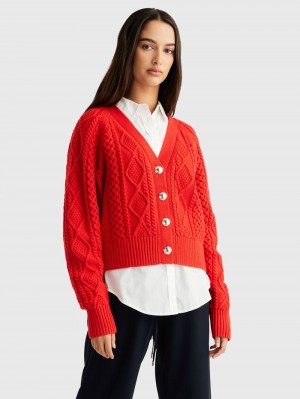 Tommy Hilfiger Cable Crop Kofta Dam Röda | 760-MQHXUN