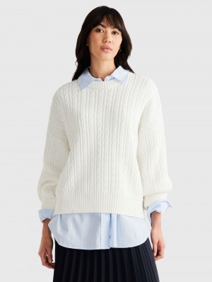 Tommy Hilfiger Cable Knit Crew Neck Tröjor Dam Vita | 814-JBLMXS