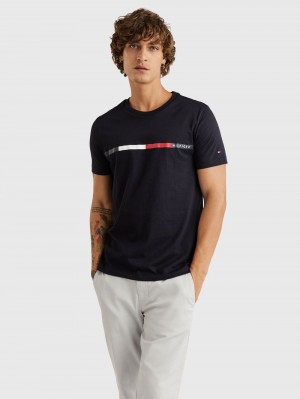 Tommy Hilfiger Chest Tryck T-shirt Herr Marinblå | 461-XZIGJE