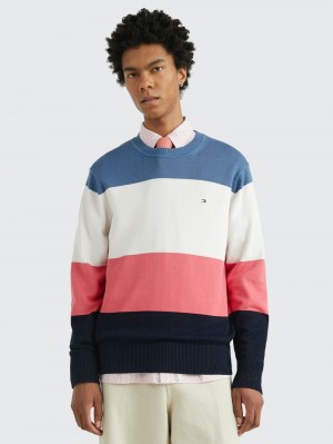 Tommy Hilfiger Colour-Blocked Round Neck Jumpers Herr Blå | 457-GPEXNA