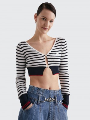 Tommy Hilfiger Crest Breton Stripe Slim Cropped Kofta Dam Marinblå | 543-POCTYK