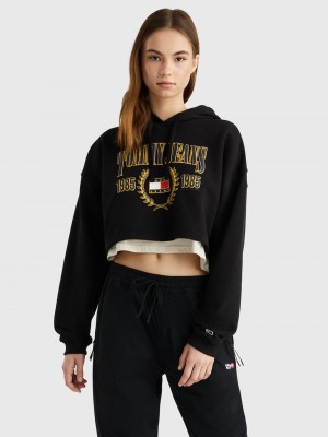 Tommy Hilfiger Cropped Luxe Hoodie Dam Svarta | 640-ZRBMHN