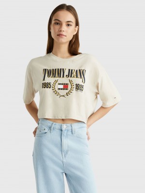 Tommy Hilfiger Cropped Luxe T-shirt Dam Beige | 739-RAGVTM