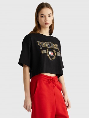 Tommy Hilfiger Cropped Luxe T-shirt Dam Svarta | 341-MADPBX