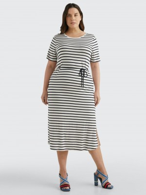 Tommy Hilfiger Curve Stripe Midi T-Shirt Klänning Dam Vita Marinblå | 485-BPLHCG