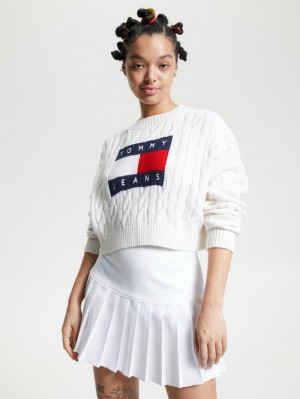 Tommy Hilfiger Flag Cable Knit Cropped Jumpers Dam Vita | 693-YRKJZP