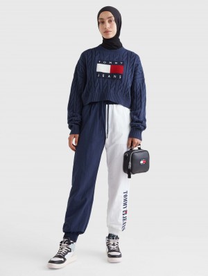 Tommy Hilfiger Flag Cable Knit Cropped Jumpers Dam Blå | 283-NCFVGK