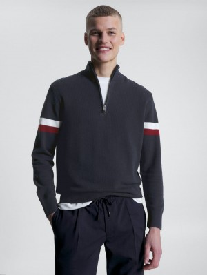 Tommy Hilfiger Global Stripe Half-Zip Mock Neck Jumpers Herr Blå | 854-IESUAC