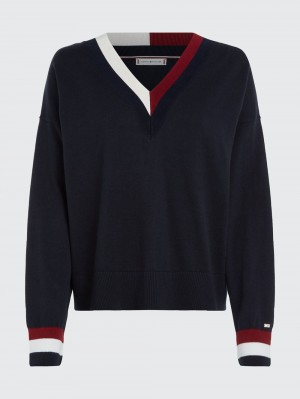 Tommy Hilfiger Global Stripe V-Neck Jumpers Dam Blå | 917-HXKBSJ