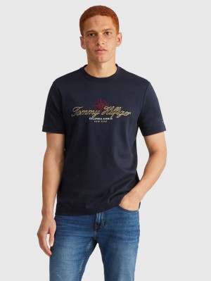 Tommy Hilfiger Gold Embroidered T-shirt Herr Marinblå | 069-NMBSTP