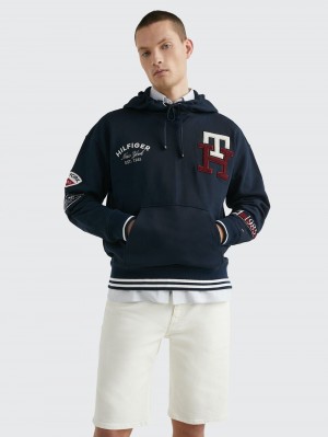 Tommy Hilfiger Icons Multi Badge Back Logo Hoodie Herr Marinblå | 103-FIJLYH