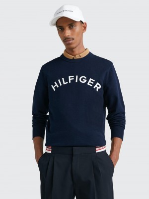 Tommy Hilfiger Intarsia Logo Crew Neck Jumpers Herr Marinblå | 809-XNPALJ