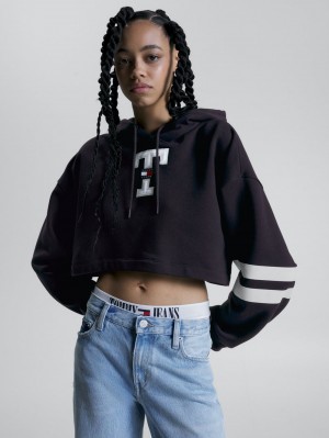 Tommy Hilfiger Letterman Cropped Hoodie Dam Blå | 012-CZTNPA