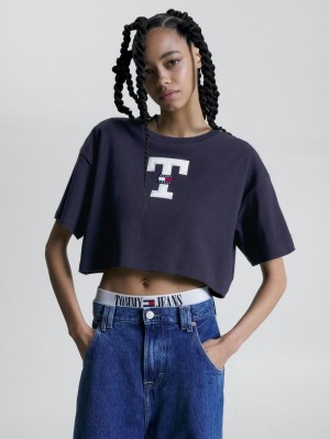 Tommy Hilfiger Letterman Cropped Oversized Fit T-shirt Dam Marinblå | 625-SLGQCP