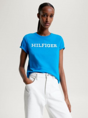 Tommy Hilfiger Logo Embroidery Jersey T-shirt Dam Blå | 042-FUGHSO