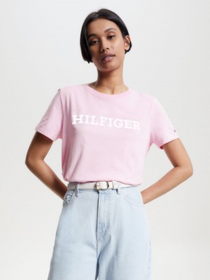 Tommy Hilfiger Logo Embroidery Jersey T-shirt Dam Rosa | 910-FHMDLS