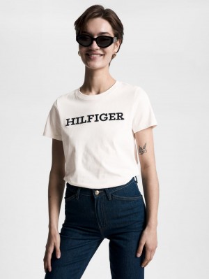 Tommy Hilfiger Logo Embroidery Jersey T-shirt Dam Beige | 439-SPUMWH