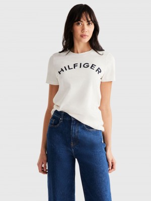 Tommy Hilfiger Logo Embroidery T-shirt Dam Vita | 085-HTFKQC