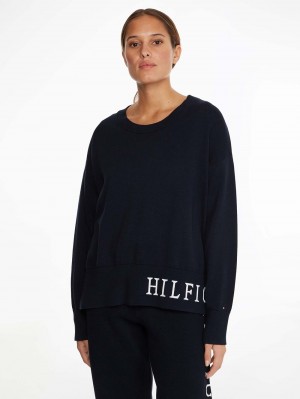 Tommy Hilfiger Logo Organic Bomull Jumpers Dam Marinblå | 912-VJEMWB