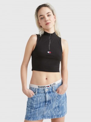 Tommy Hilfiger Mock Neck Cropped Linne Dam Svarta | 216-VYSZQU