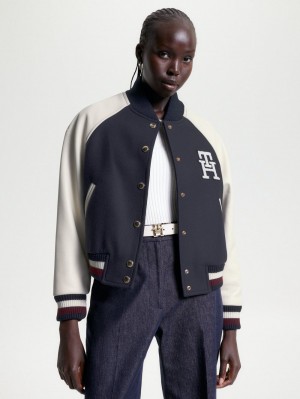 Tommy Hilfiger Monogram Contrast Bomber Jackor Dam Blå | 149-ZGKEXC