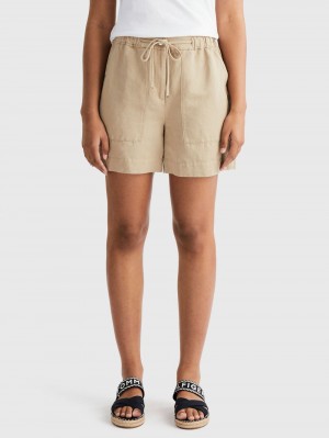 Tommy Hilfiger New Vanliga Linen Shorts Dam Beige | 315-QGSEBK