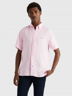 Tommy Hilfiger Premium Linen S/S Skjorta Herr Rosa | 976-REZAWX