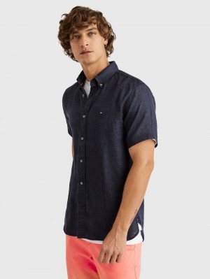 Tommy Hilfiger Premium Linen S/S Skjorta Herr Marinblå | 460-GPQEYA