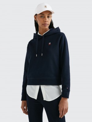 Tommy Hilfiger Regular Fit Terry Monogram Hoodie Dam Marinblå | 358-AQOCPY