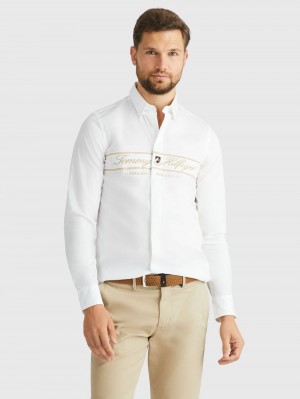 Tommy Hilfiger Script Chest Embroidered Skjorta Herr Vita | 837-GWEPAV