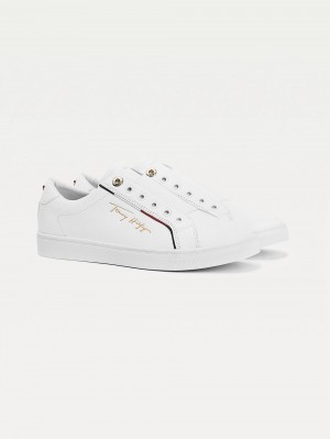 Tommy Hilfiger Signature Logo Läder Sneakers Dam Vita | 023-DATBWH