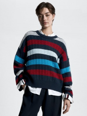 Tommy Hilfiger Stripe Cable Knit Crew Neck Jumpers Dam Blå | 762-PSNKJD