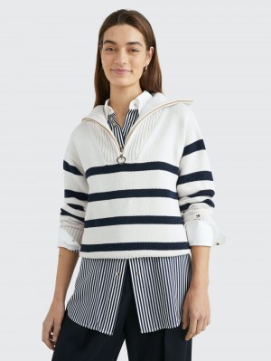 Tommy Hilfiger Stripe Half-Zip Relaxed Jumpers Dam Vita Marinblå | 637-SMEFLG