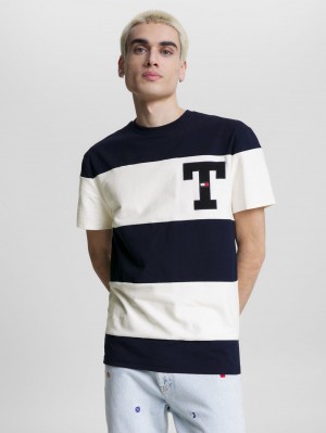 Tommy Hilfiger Stripe Klassiska Fit T-shirt Herr Marinblå Vita | 825-BUWXNT