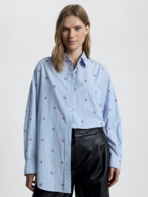 Tommy Hilfiger Stripe Monogram Oversized Skjorta Dam Blå | 761-LXSDOA