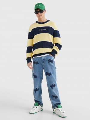 Tommy Hilfiger Stripe Relaxed Fit Jumpers Herr Marinblå Gula | 039-PESDBW