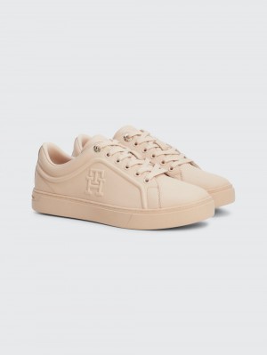 Tommy Hilfiger Vanliga Läder Monogram Cupsole Sneakers Dam Beige | 908-AVYLRU