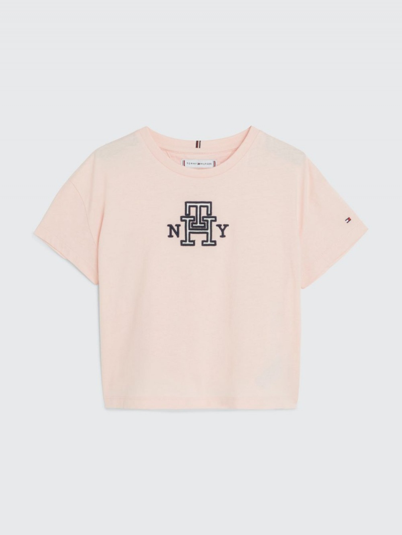 Tommy Hilfiger 3-7 Monogram Satin Applique T-shirt Tjej Rosa | 823-OWENIK