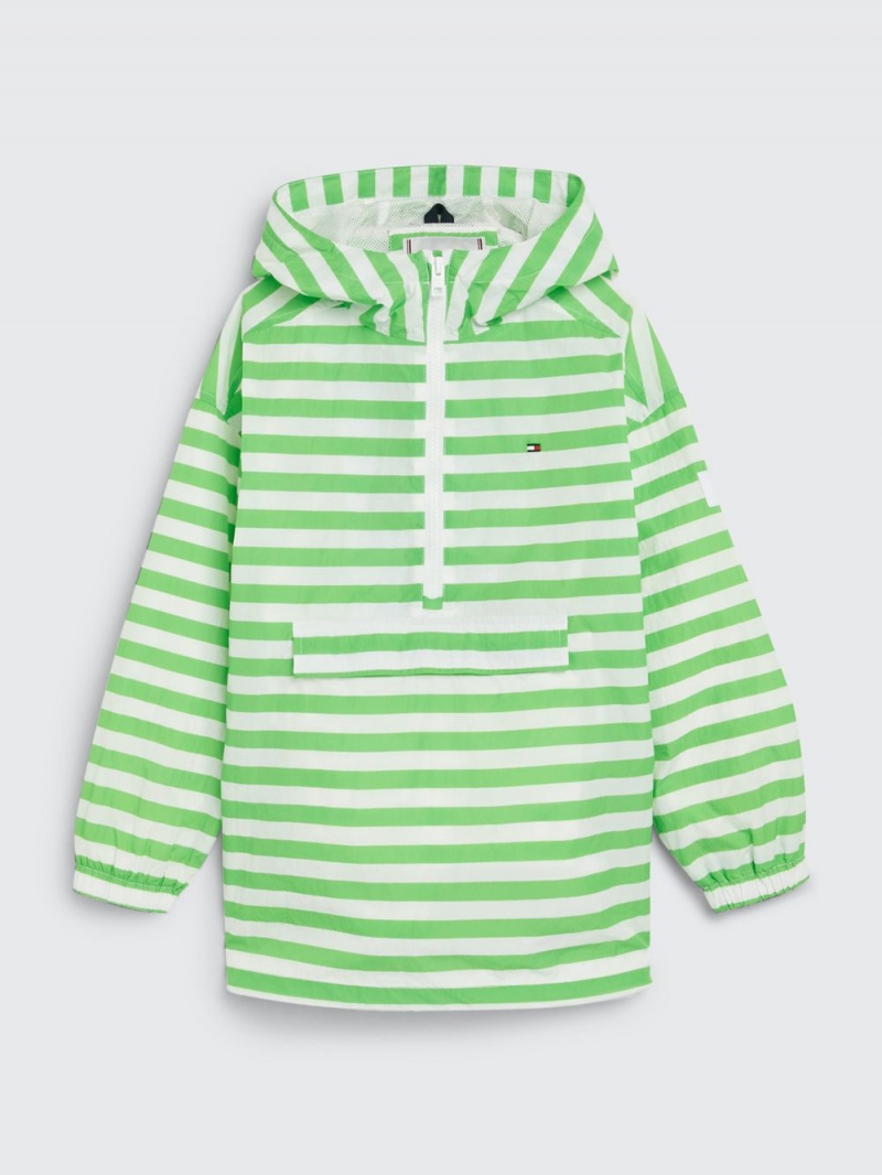 Tommy Hilfiger 3-7 Stripe Half-Zip Hooded Windbreaker Jackor Tjej Gröna Vita | 312-KTVRLJ