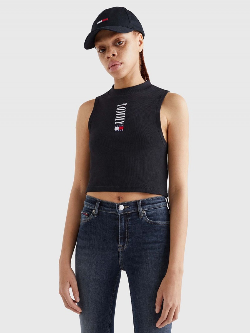 Tommy Hilfiger Archive Cropped Fit Logo Linne Dam Svarta | 297-PHTMQZ