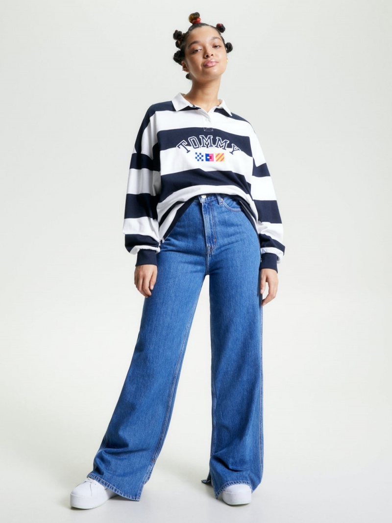 Tommy Hilfiger Archive Stripe Oversized Fit Rugby Skjorta Dam Blå | 879-NDHTOU