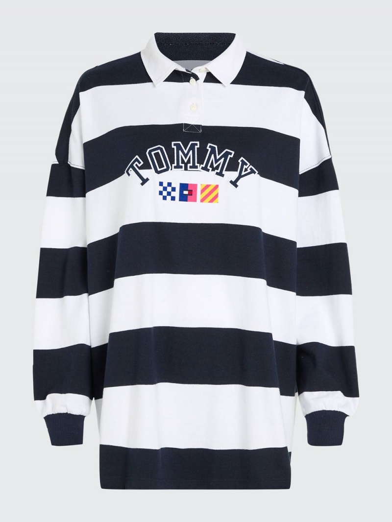 Tommy Hilfiger Archive Stripe Oversized Fit Rugby Skjorta Dam Blå | 879-NDHTOU