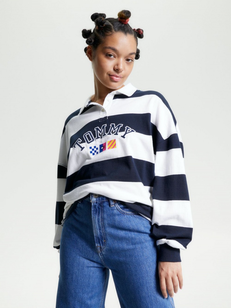 Tommy Hilfiger Archive Stripe Oversized Fit Rugby Skjorta Dam Blå | 879-NDHTOU