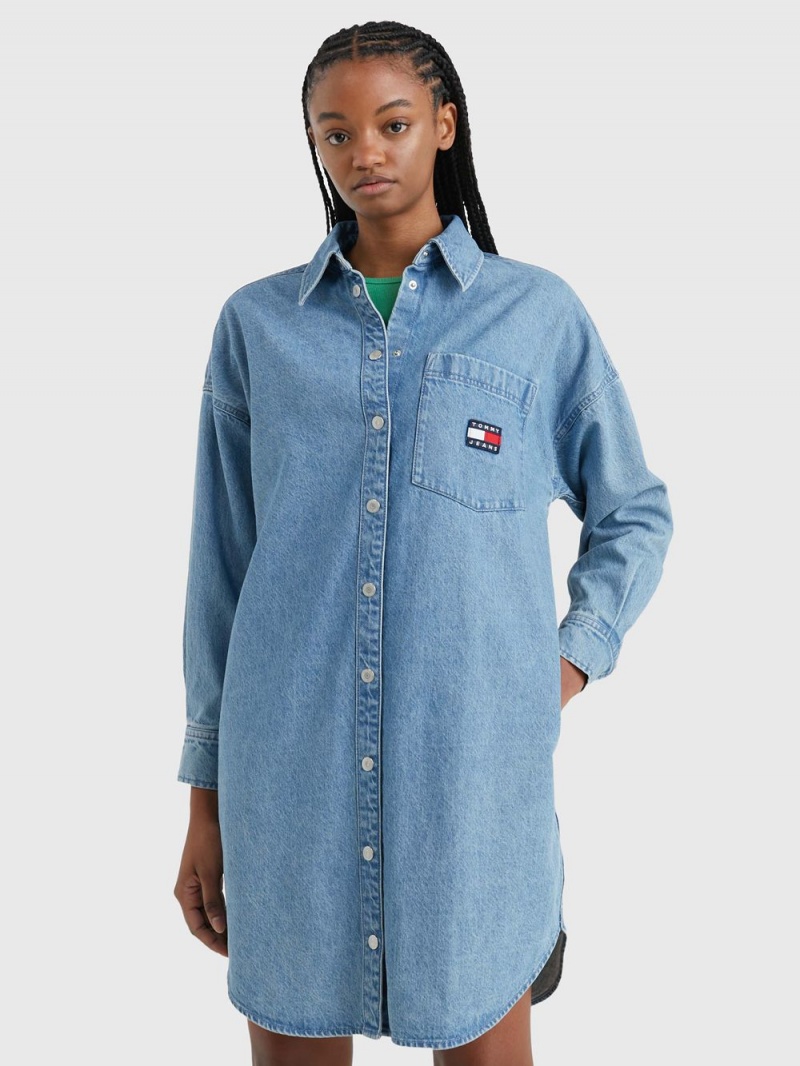 Tommy Hilfiger Badge Denim Shirt Klänning Dam Blå | 879-MSPZRU