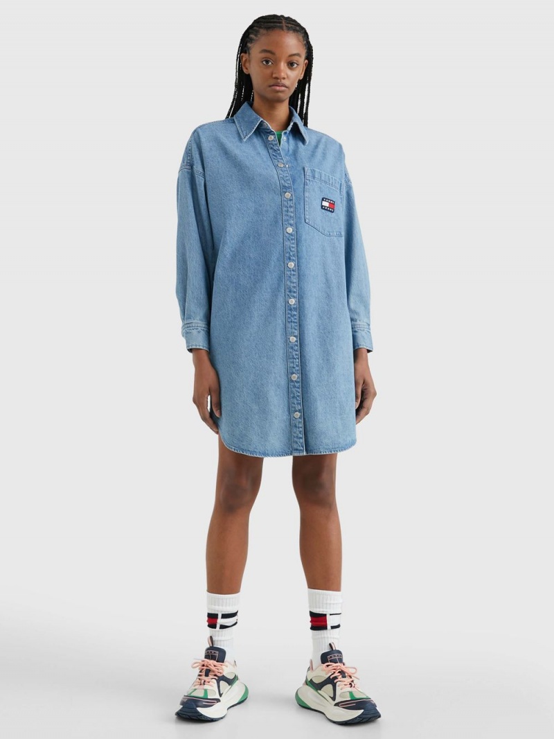 Tommy Hilfiger Badge Denim Shirt Klänning Dam Blå | 879-MSPZRU