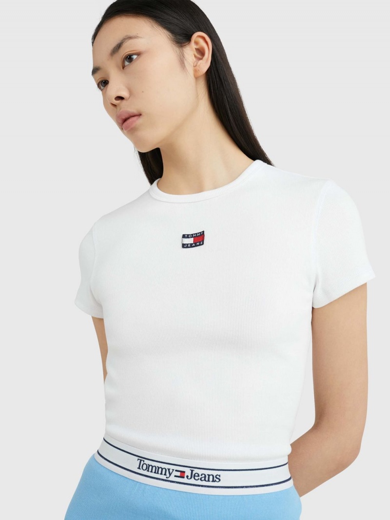 Tommy Hilfiger Badge Rib-Knit Fitted T-shirt Dam Vita | 479-GXJDYF