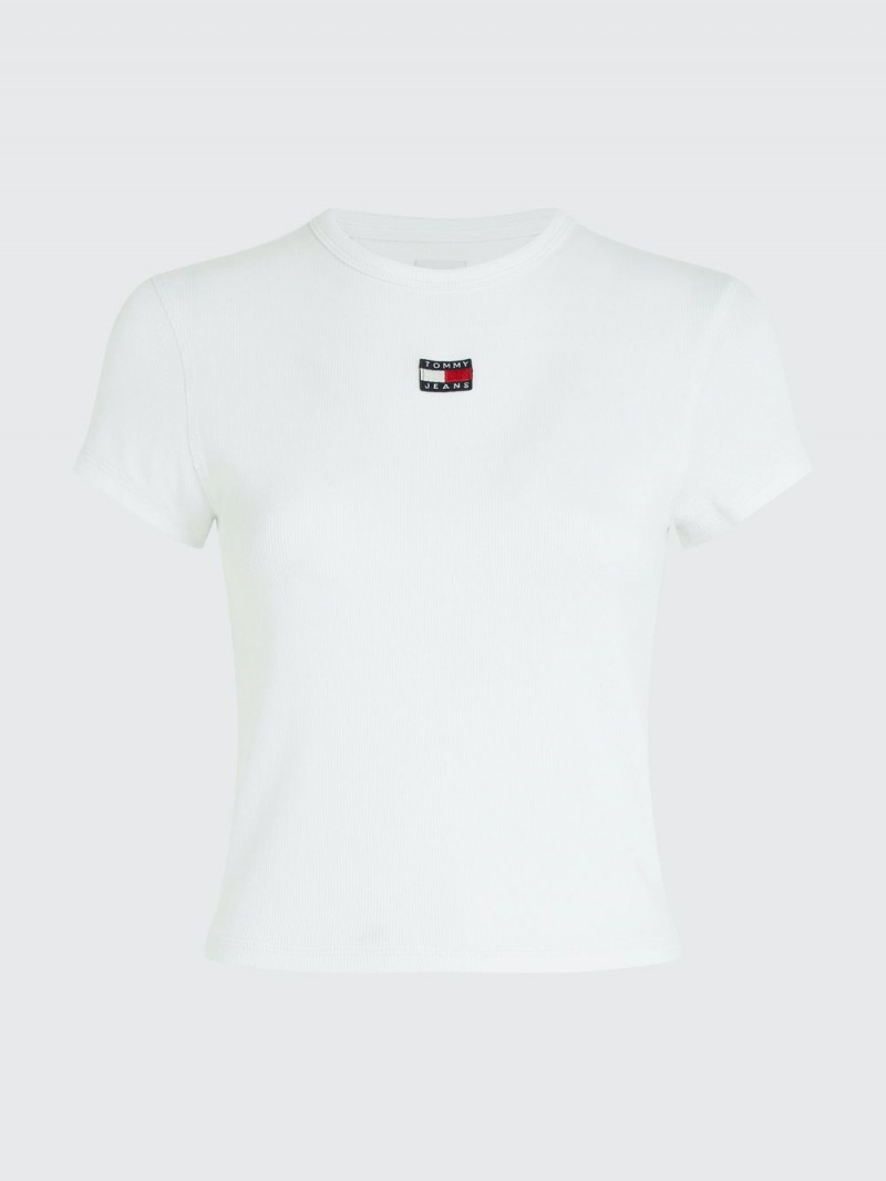 Tommy Hilfiger Badge Rib-Knit Fitted T-shirt Dam Vita | 479-GXJDYF