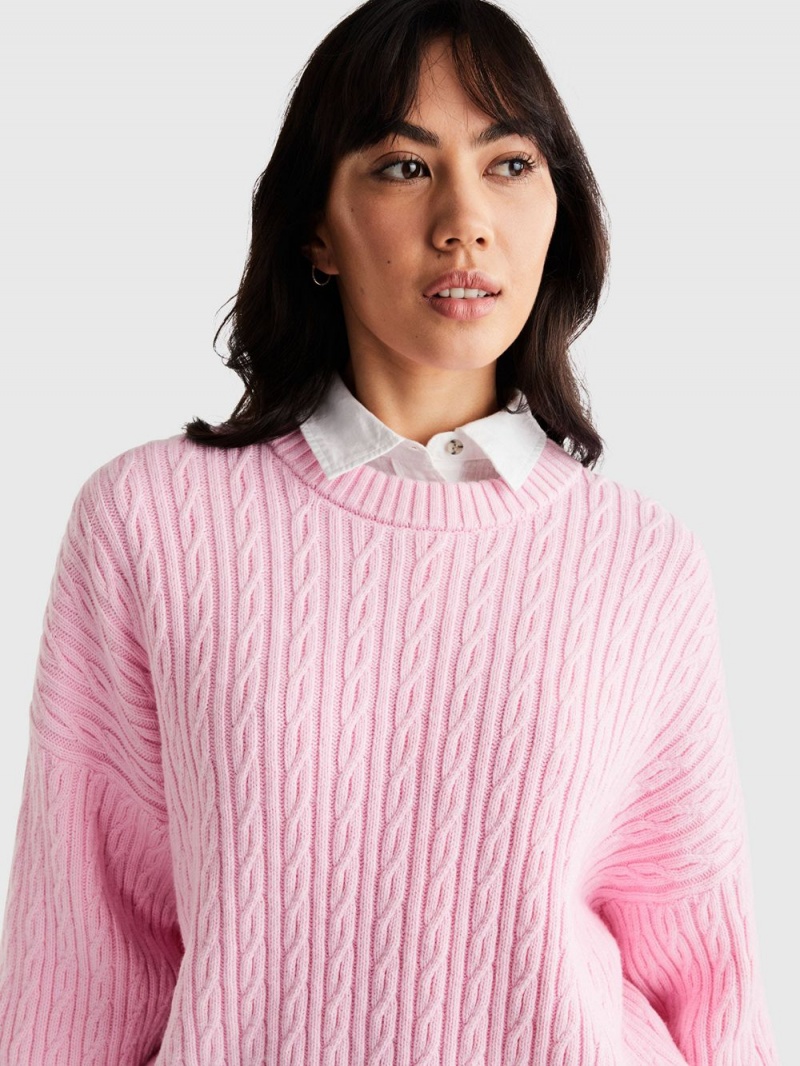 Tommy Hilfiger Cable Knit Crew Neck Tröjor Dam Rosa | 968-EJMYOA